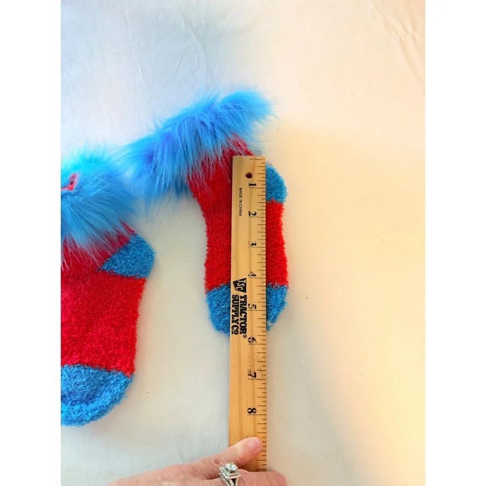 Unbranded Fuzzy Socks Kids Small Red Blue Excellent Faux Fur Trim Dr Seuss Style